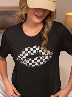 Checkered Lips T-Shirt – Distressed Graphic Tee with Transparent Knockout